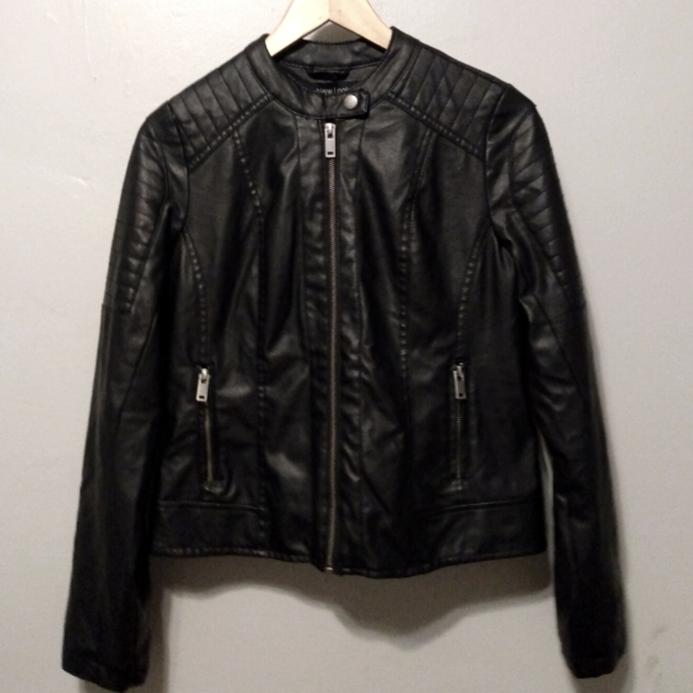 Large feux-leather biker jacket.